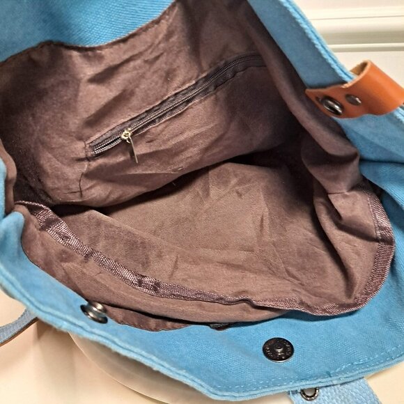 Light Blue Denim Backpack with Camel PU Trim, 2 Sections, Pockets, EUC main image 6